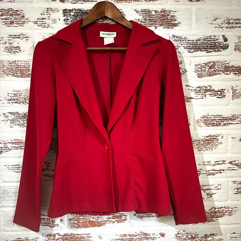 Vtg Wrapper Blazer Fitted One Button Polyester Ch… - image 1